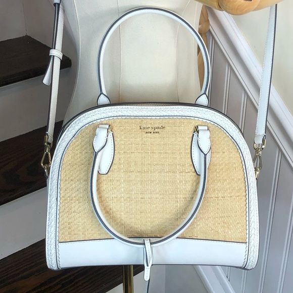 KATE SPADE White Leather Rattan Two Top Handle Tote Zipper Closure Crossbody Bag - Picture 16 of 17
